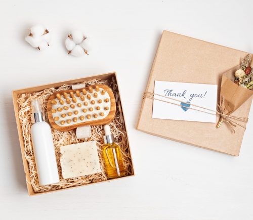 Refined thank you gift basket for romantic holidays with self care products and card. Corporate or personal present for family and friends, mothers day